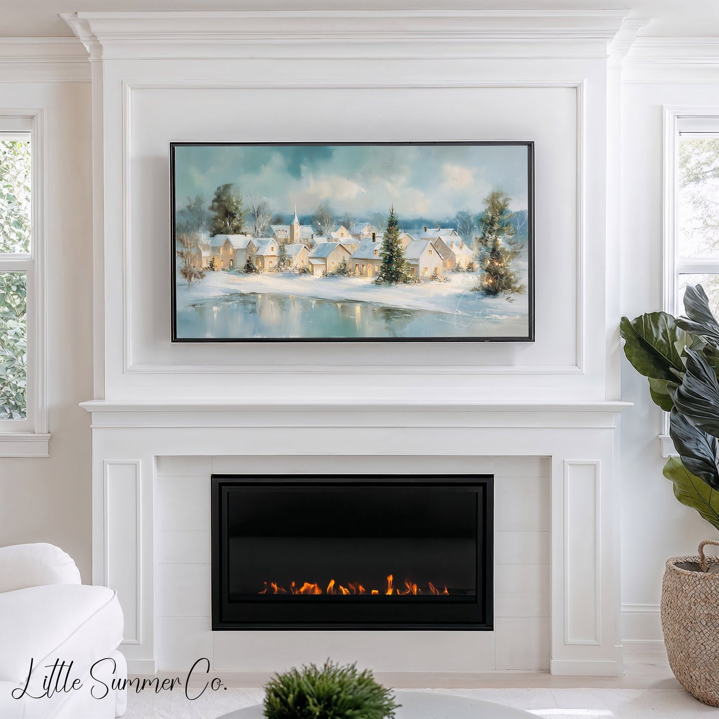 Christmas Village Shore Frame TV Art displayed on a TV