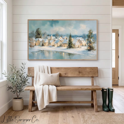 Christmas Village Shore Frame TV Art displayed on a TV