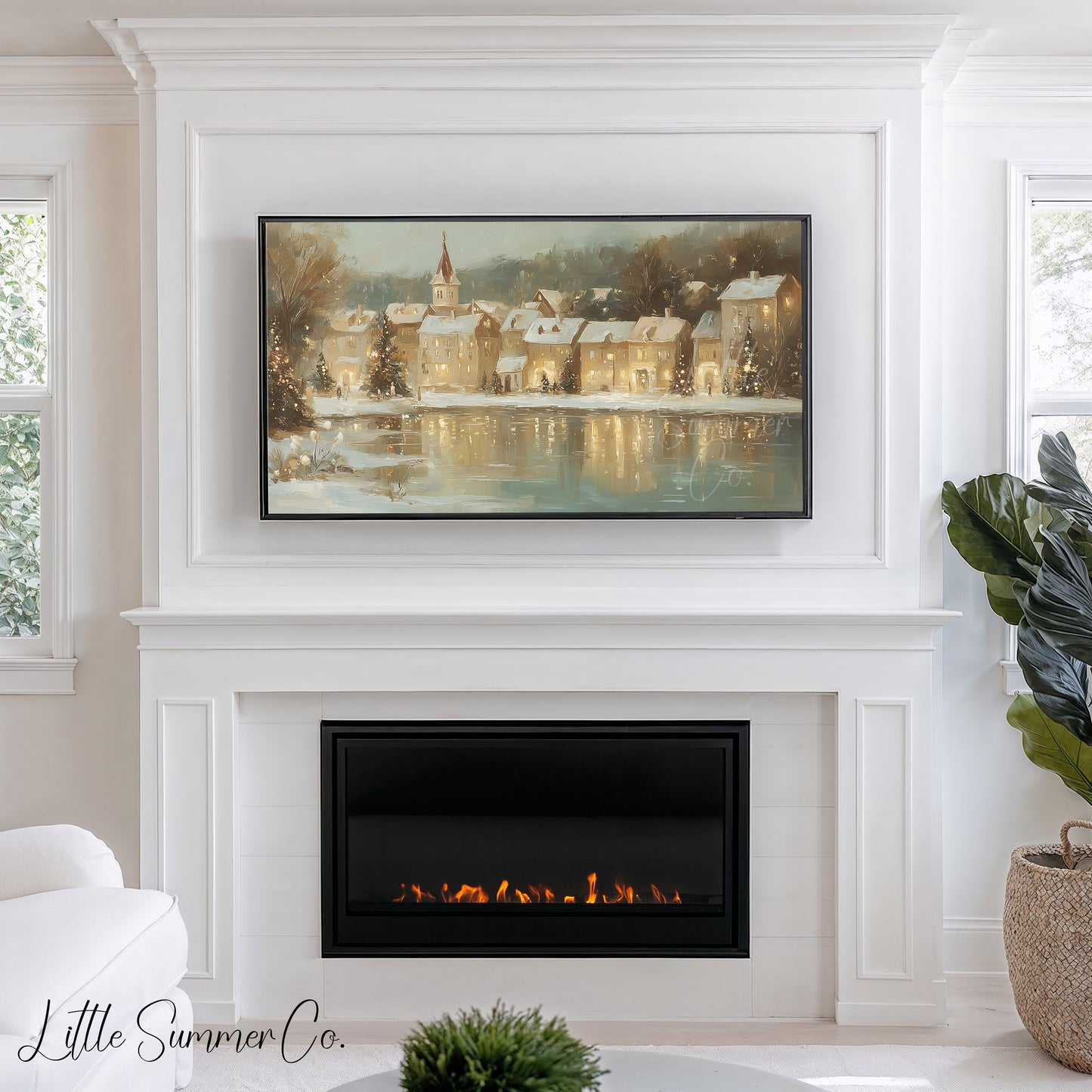 Christmas Riverside Town Frame TV Art displayed on a TV