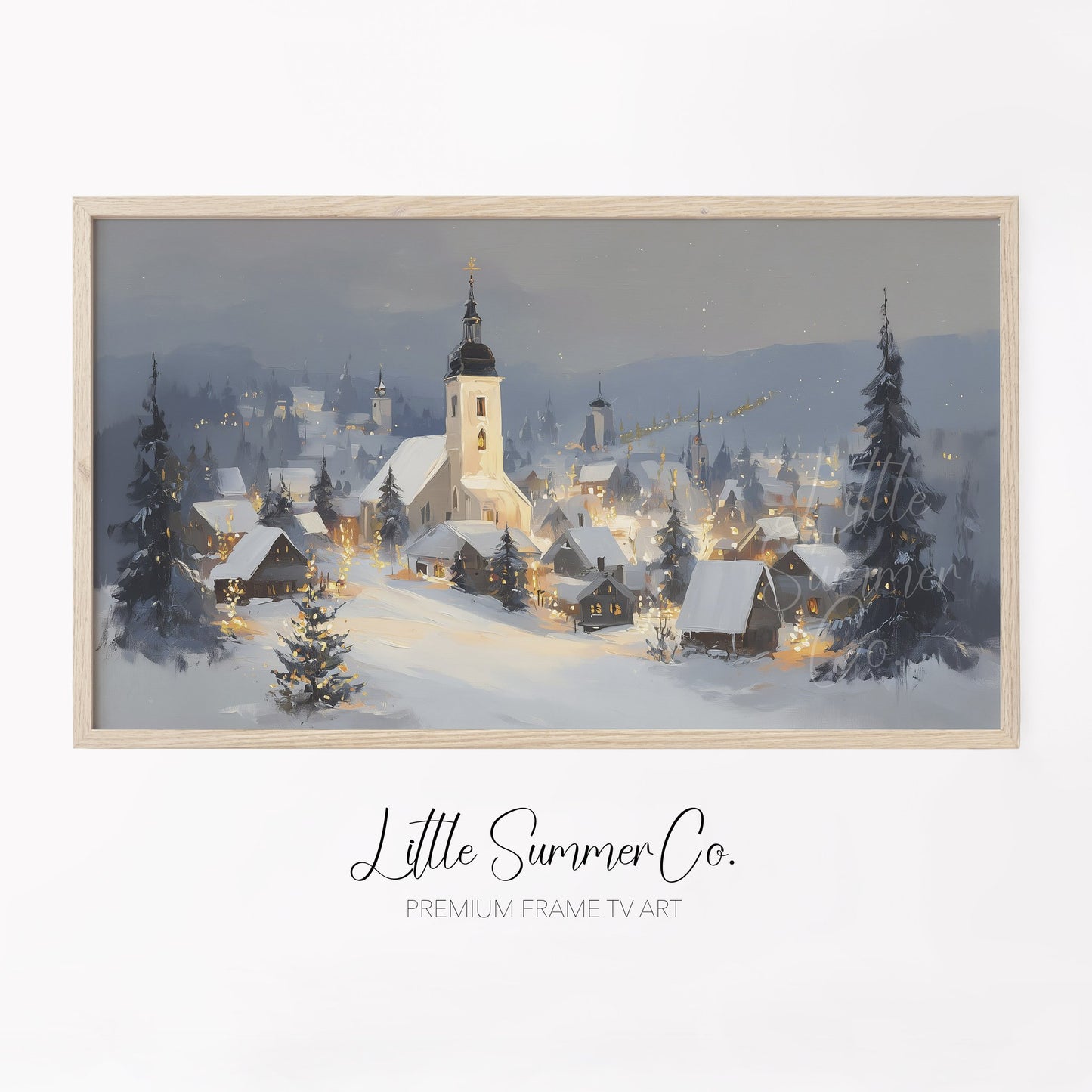 Snowy Alpine Church Village Frame TV Art displayed on a TV