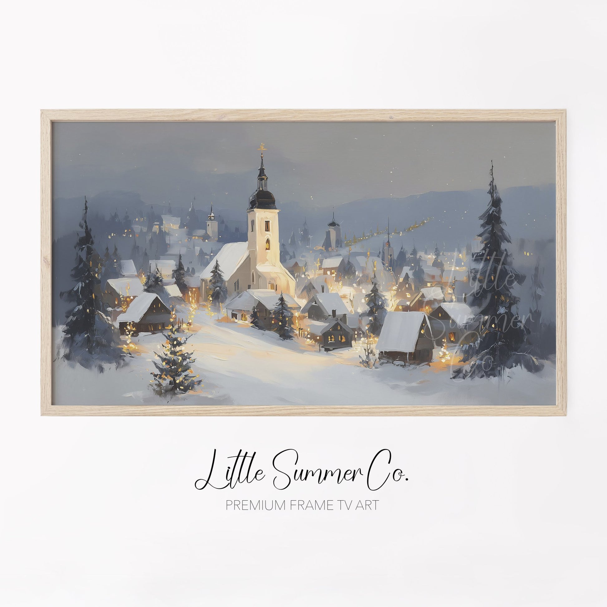 Snowy Alpine Church Village Frame TV Art displayed on a TV