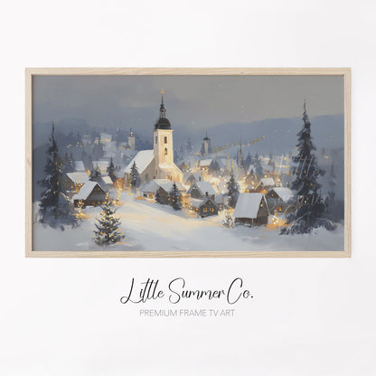 Snowy Alpine Church Village Frame TV Art displayed on a TV
