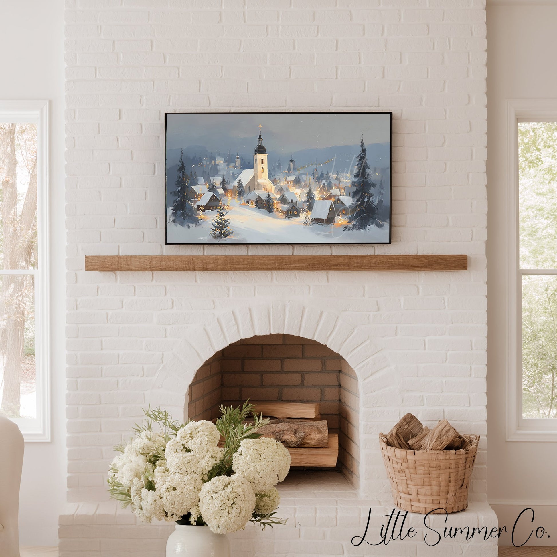Snowy Alpine Church Village Frame TV Art displayed on a TV