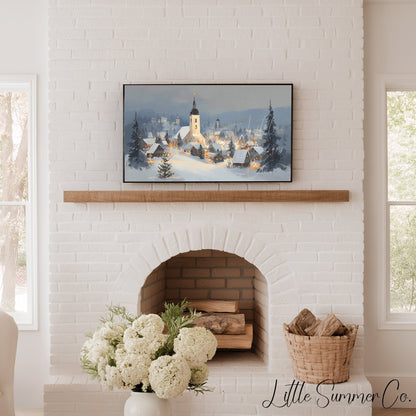 Snowy Alpine Church Village Frame TV Art displayed on a TV