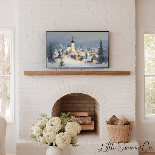 Snowy Alpine Church Village Frame TV Art displayed on a TV