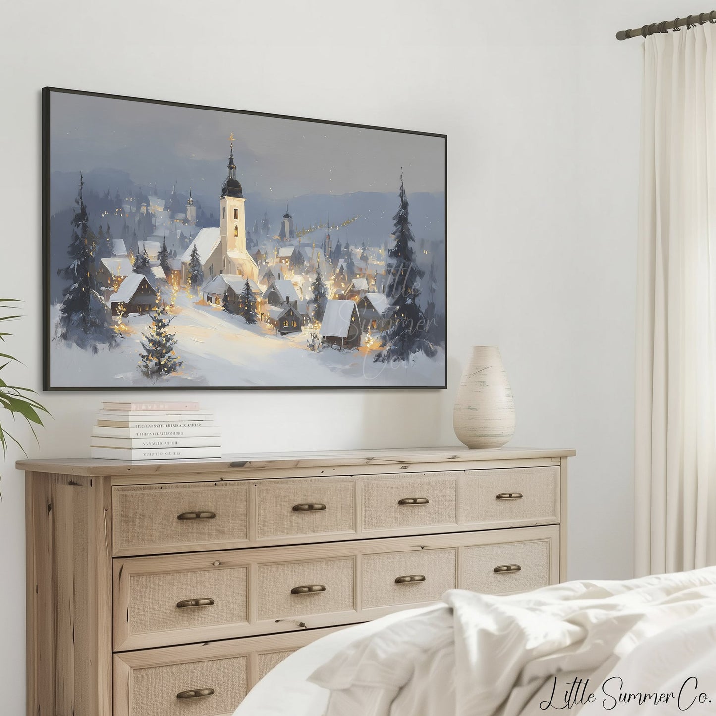 Snowy Alpine Church Village Frame TV Art displayed on a TV
