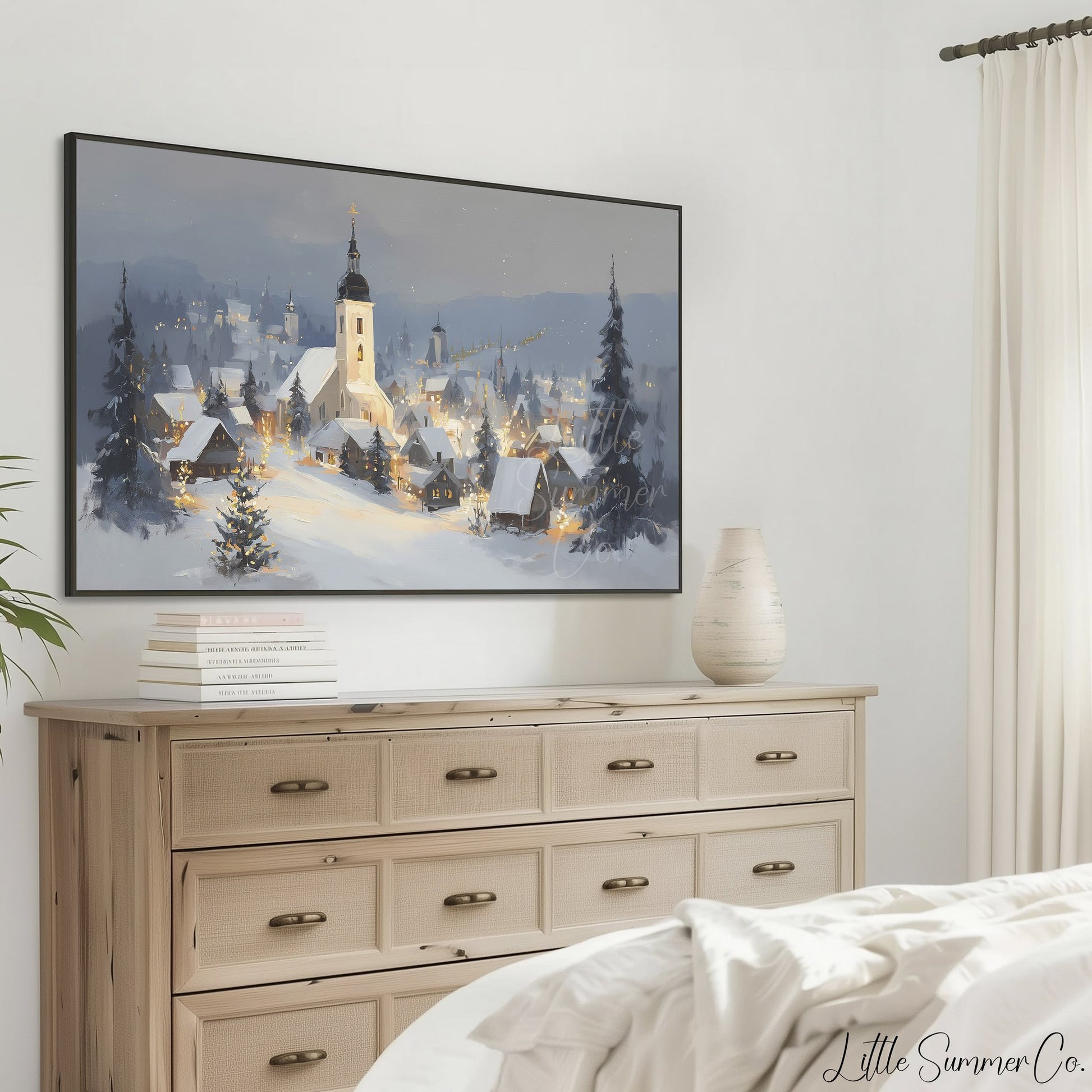 Snowy Alpine Church Village Frame TV Art displayed on a TV