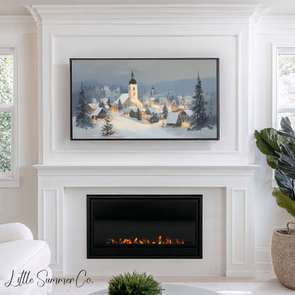 Snowy Alpine Church Village Frame TV Art displayed on a TV