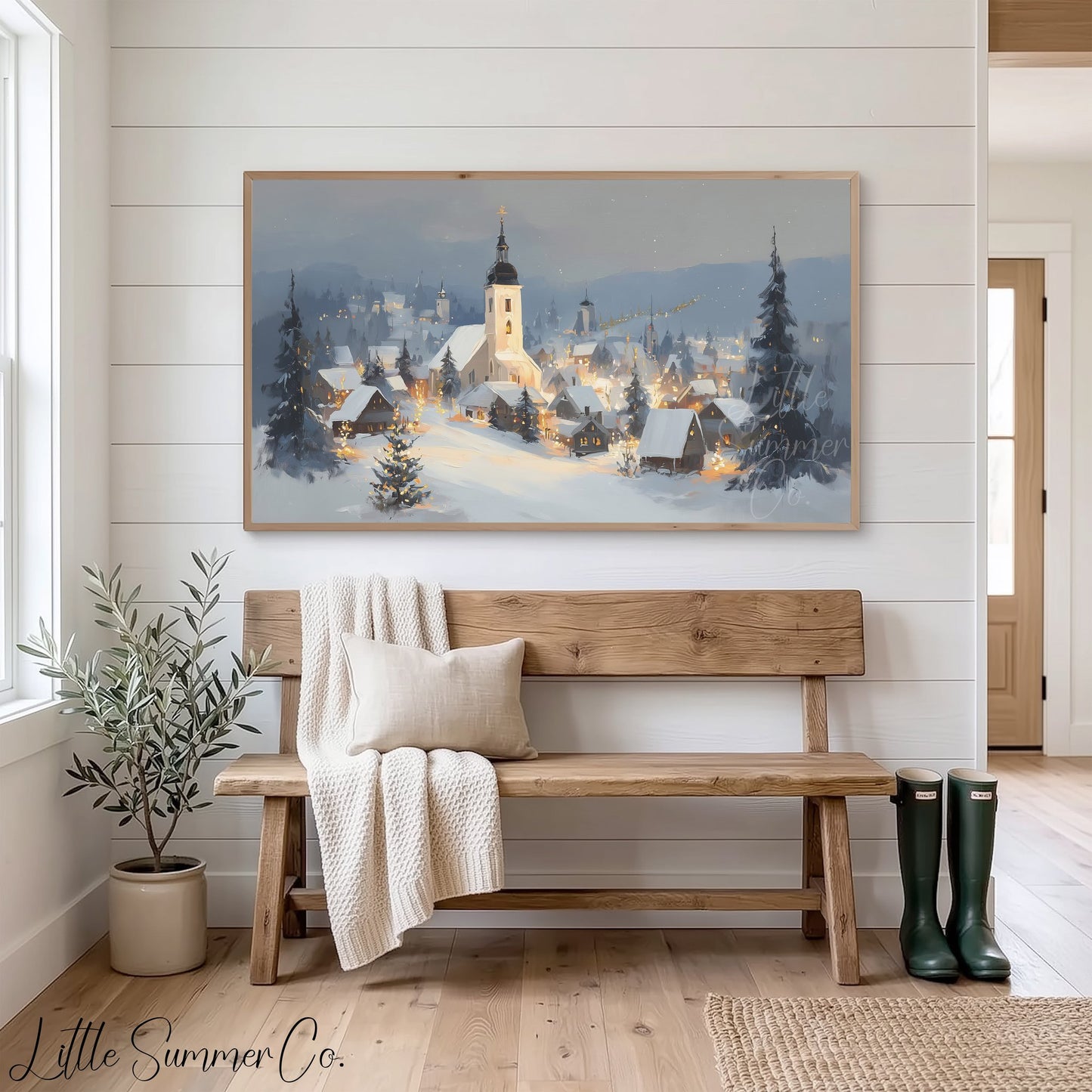 Snowy Alpine Church Village Frame TV Art displayed on a TV