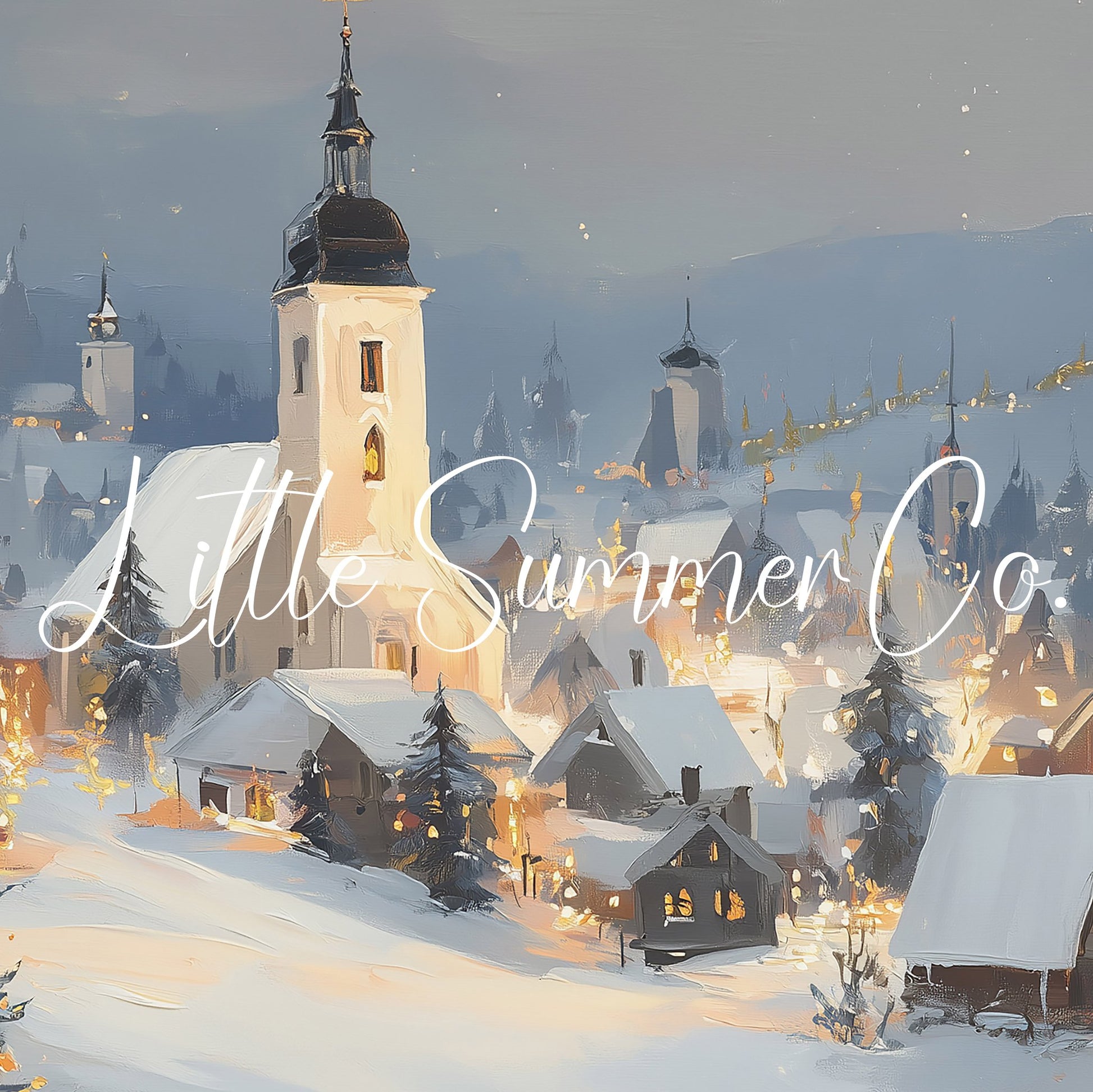 Snowy Alpine Church Village Frame TV Art displayed on a TV