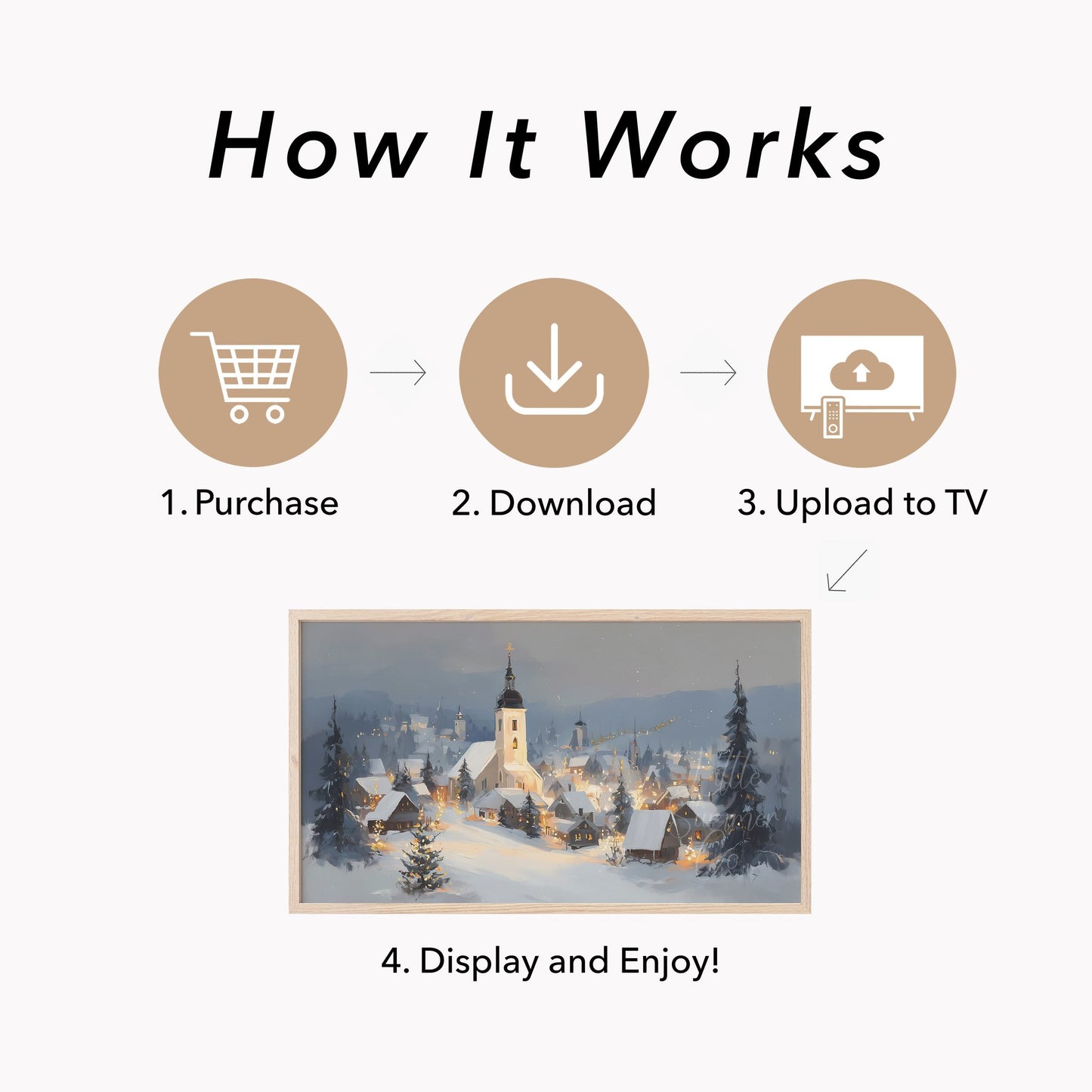 Snowy Alpine Church Village Frame TV Art displayed on a TV