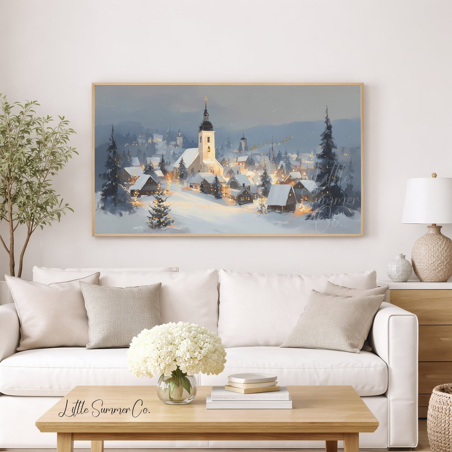 Snowy Alpine Church Village Frame TV Art displayed on a TV