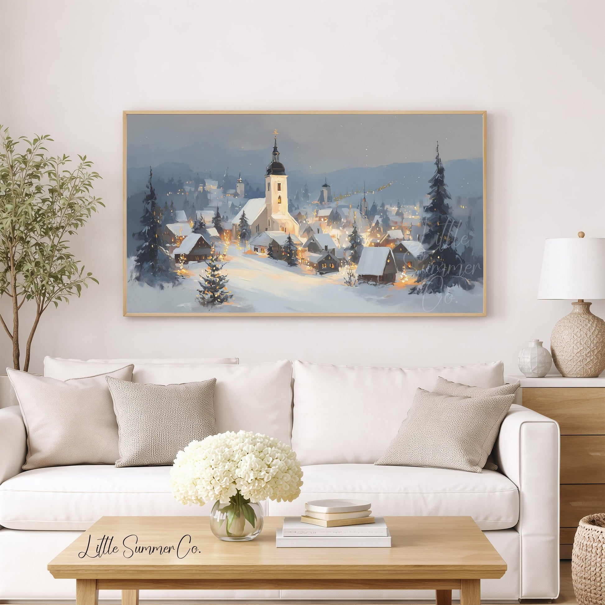 Snowy Alpine Church Village Frame TV Art displayed on a TV