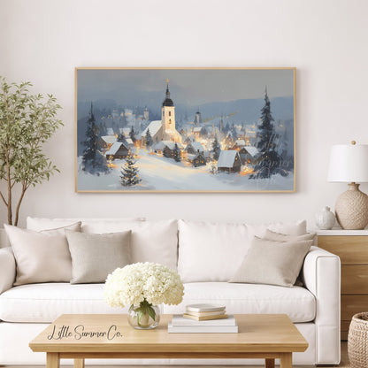 Snowy Alpine Church Village Frame TV Art displayed on a TV