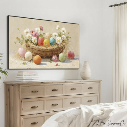 Easter Eggs in Daisy Nest Frame TV Art displayed on a TV