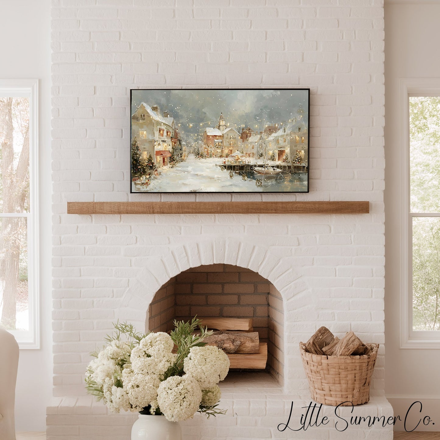 Christmas Harbor Town Frame TV Art displayed on a TV