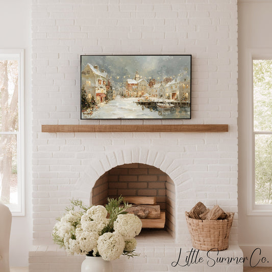 Christmas Harbor Town Frame TV Art displayed on a TV