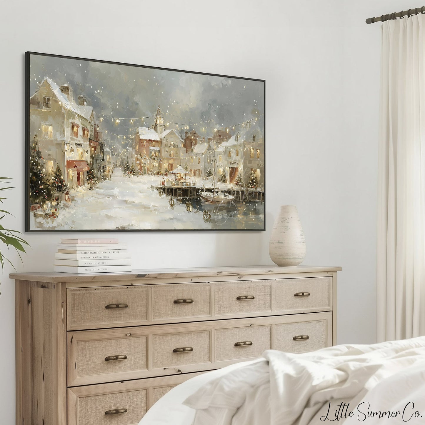 Christmas Harbor Town Frame TV Art displayed on a TV