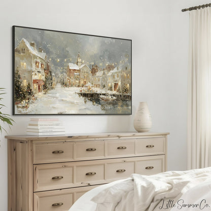 Christmas Harbor Town Frame TV Art displayed on a TV