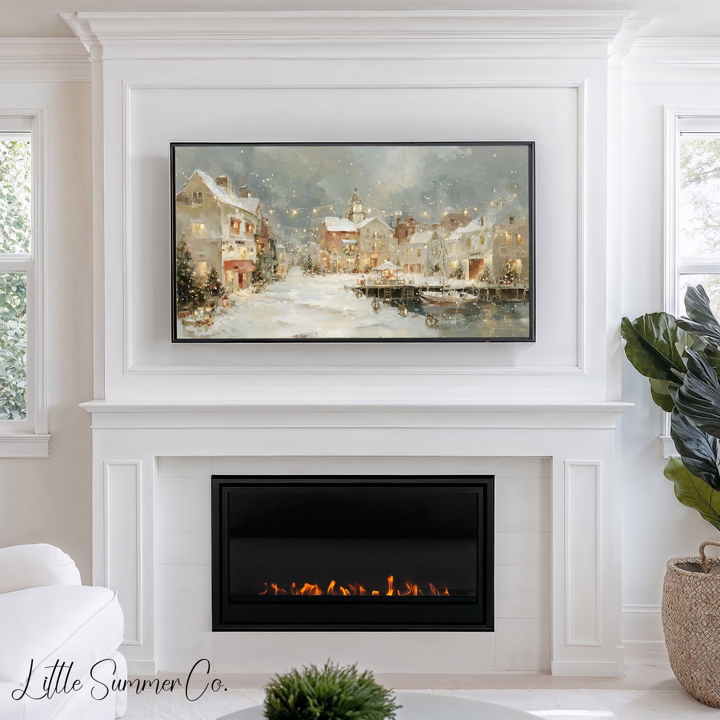 Christmas Harbor Town Frame TV Art displayed on a TV
