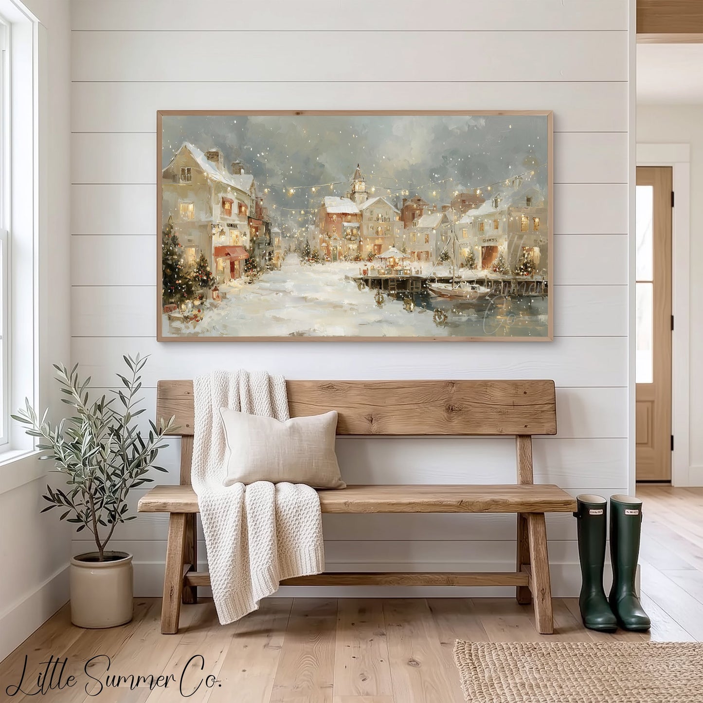 Christmas Harbor Town Frame TV Art displayed on a TV