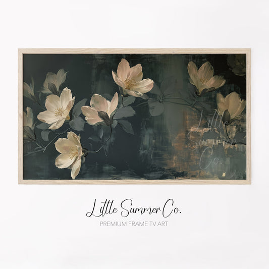 White Magnolia Blossoms Frame TV Art displayed on a TV