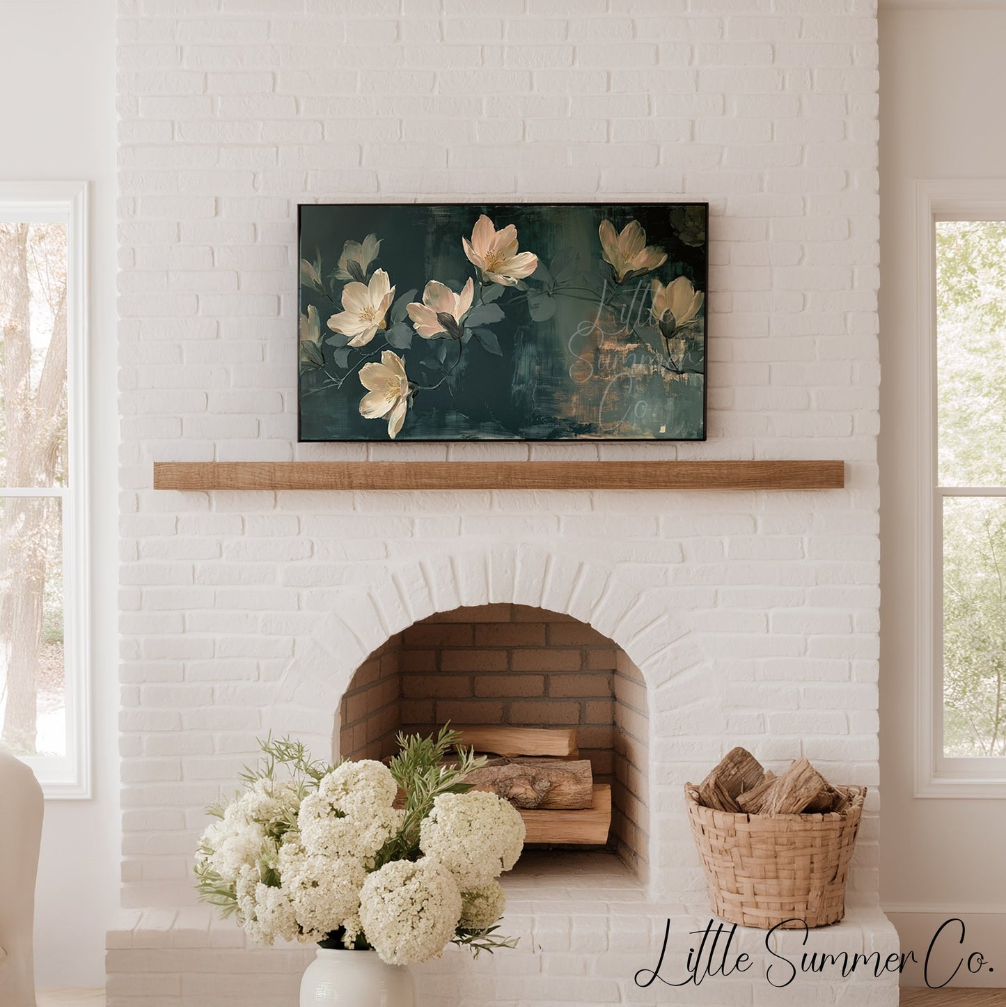 White Magnolia Blossoms Frame TV Art displayed on a TV