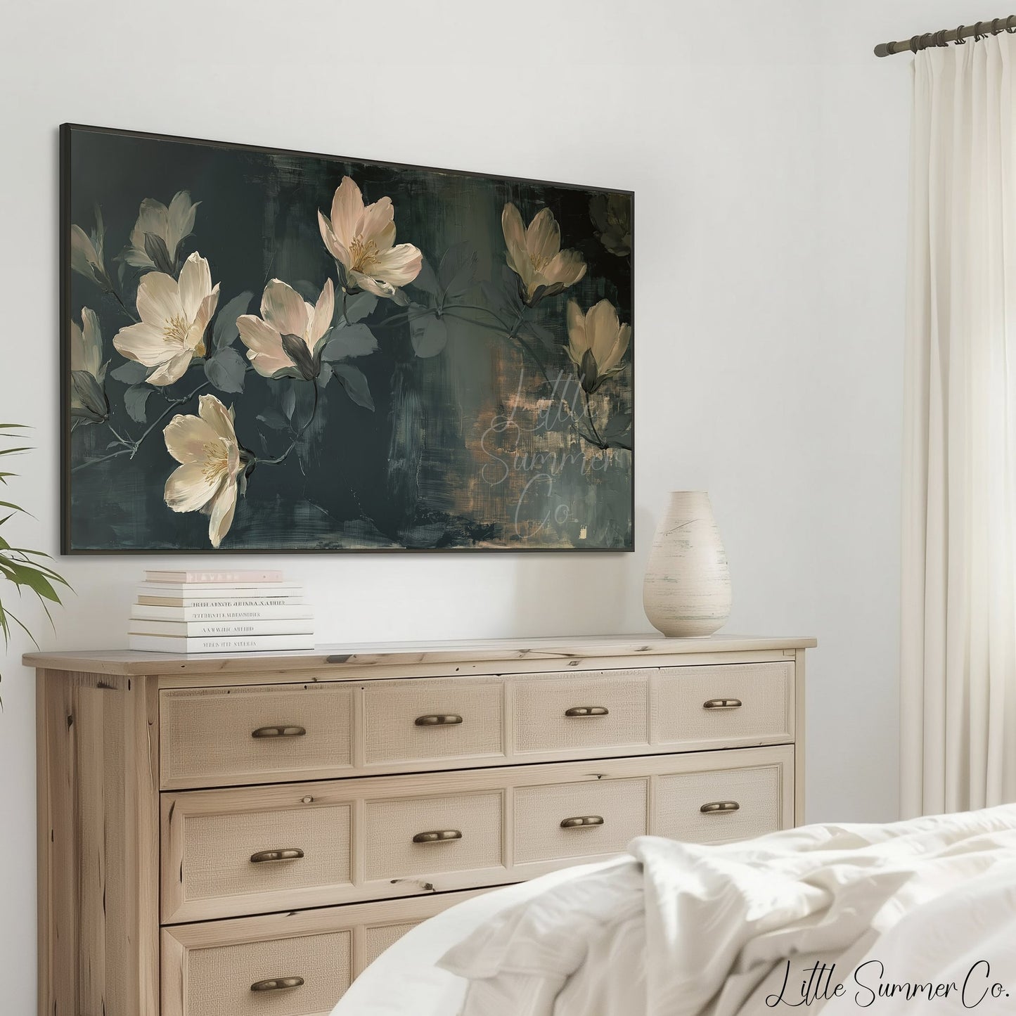 White Magnolia Blossoms Frame TV Art displayed on a TV