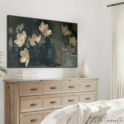 White Magnolia Blossoms Frame TV Art displayed on a TV