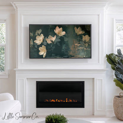 White Magnolia Blossoms Frame TV Art displayed on a TV