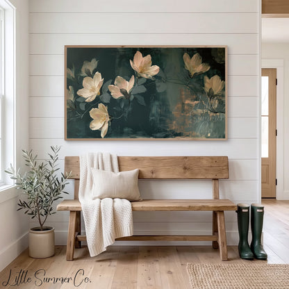 White Magnolia Blossoms Frame TV Art displayed on a TV