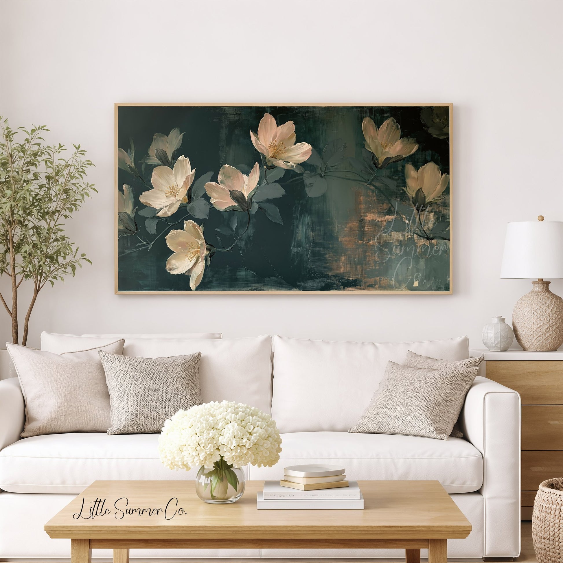 White Magnolia Blossoms Frame TV Art displayed on a TV