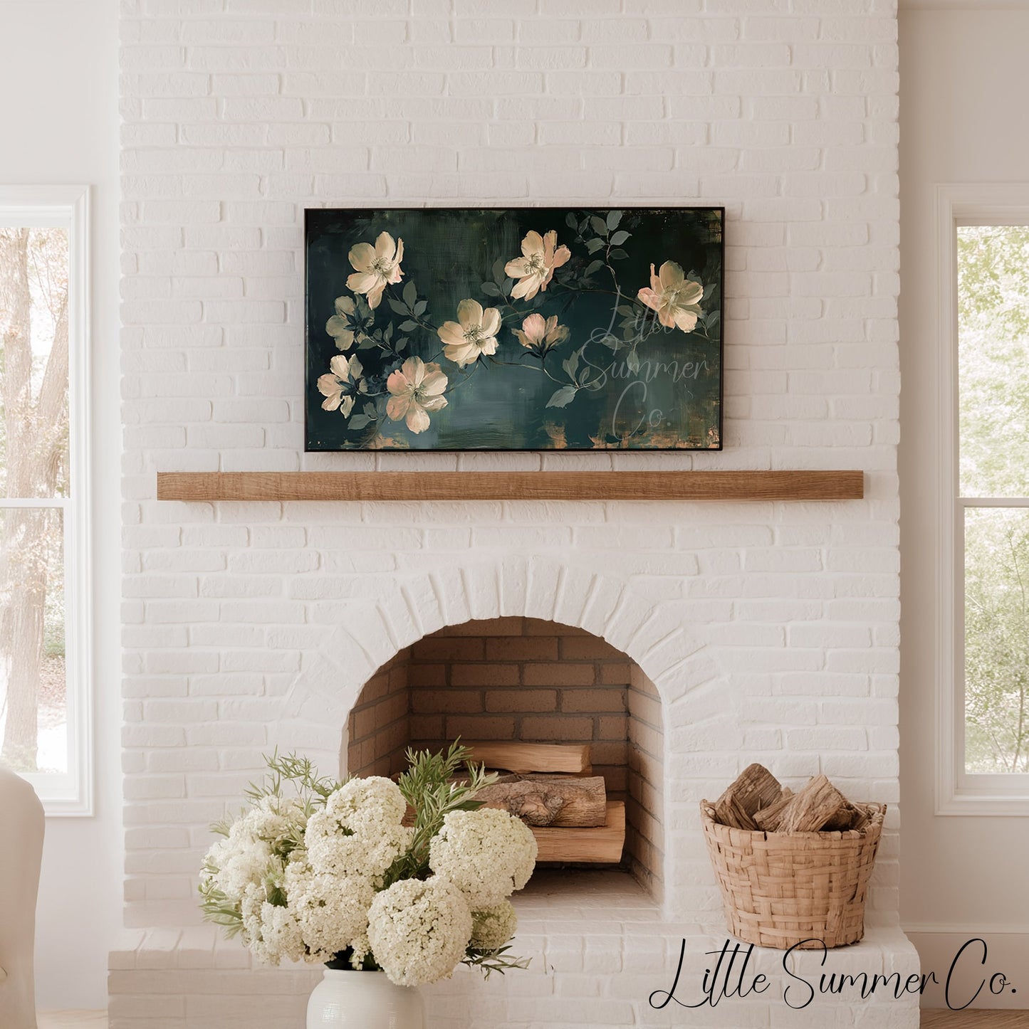 Cream Blossom Vine Frame TV Art displayed on a TV