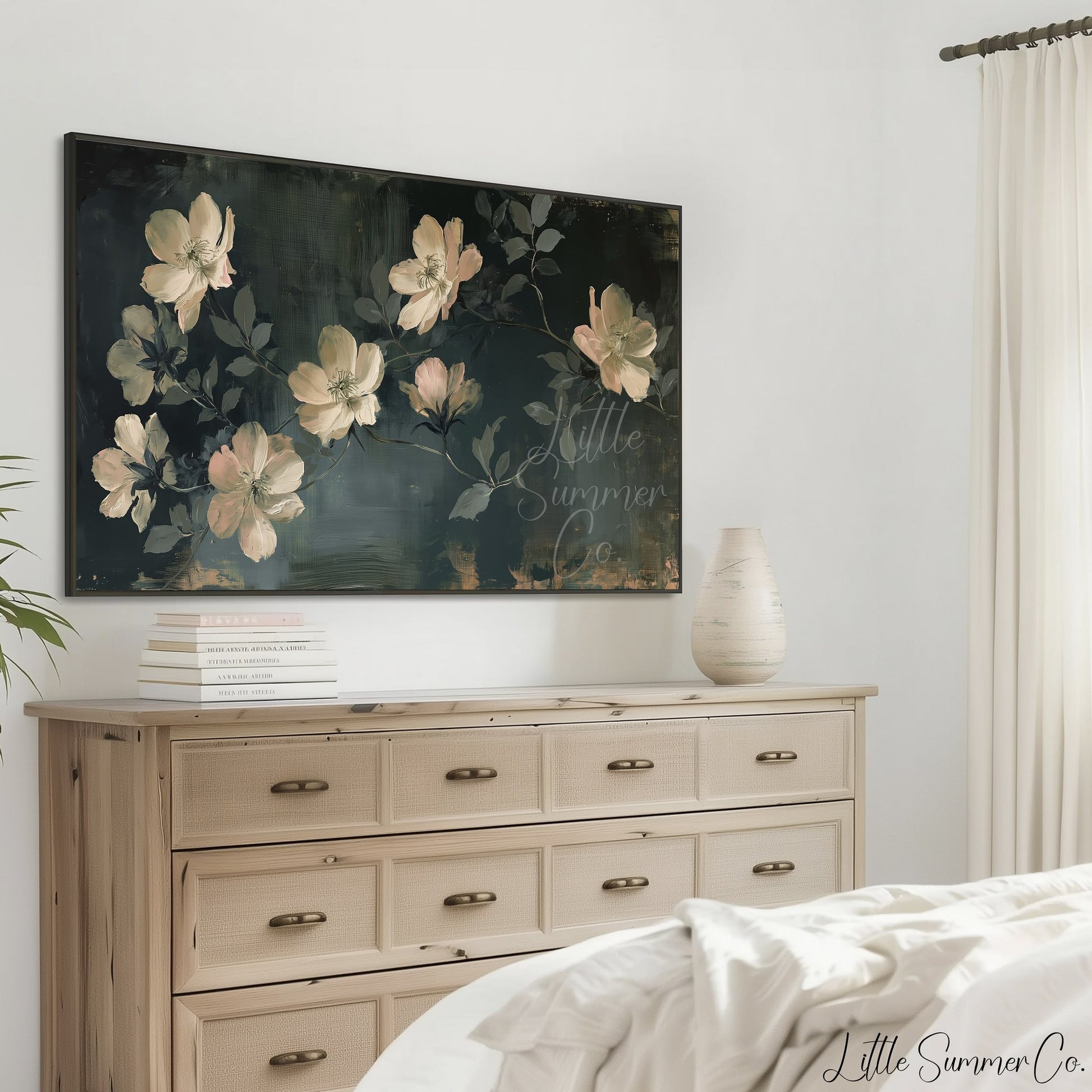 Cream Blossom Vine Frame TV Art displayed on a TV