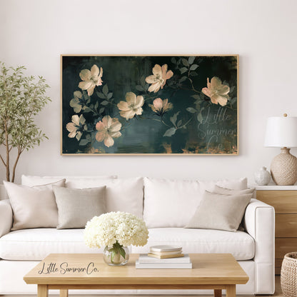 Cream Blossom Vine Frame TV Art displayed on a TV
