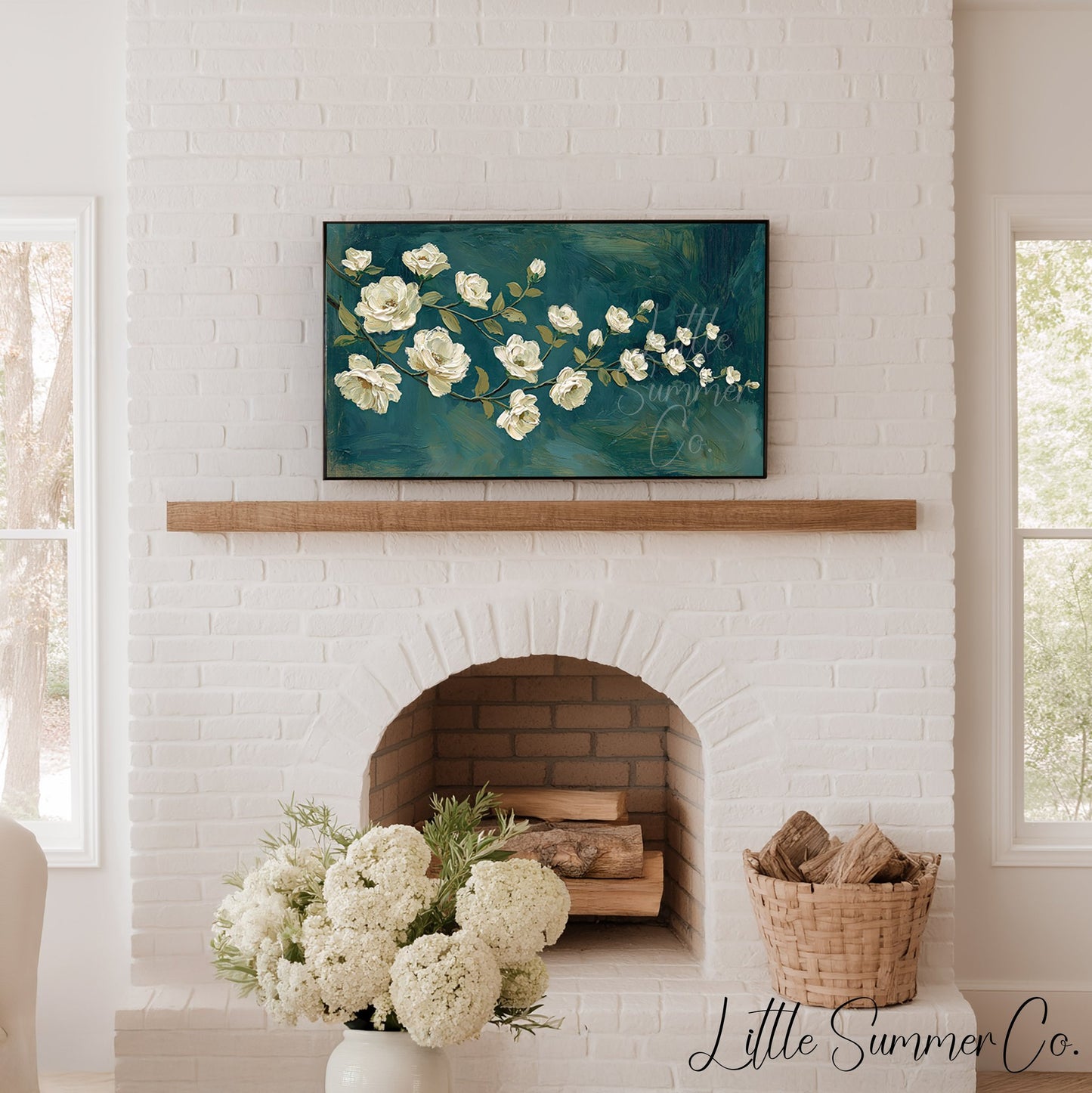 White Rose Branch Frame TV Art displayed on a TV