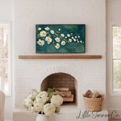 White Rose Branch Frame TV Art displayed on a TV