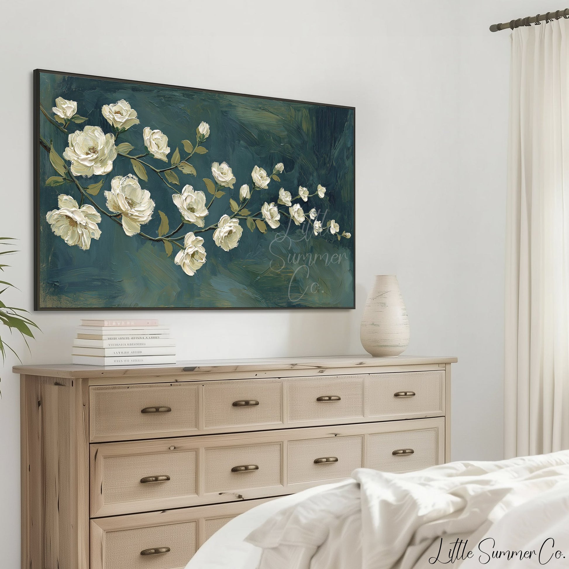 White Rose Branch Frame TV Art displayed on a TV