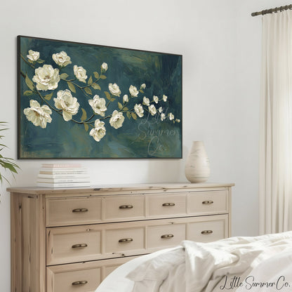 White Rose Branch Frame TV Art displayed on a TV