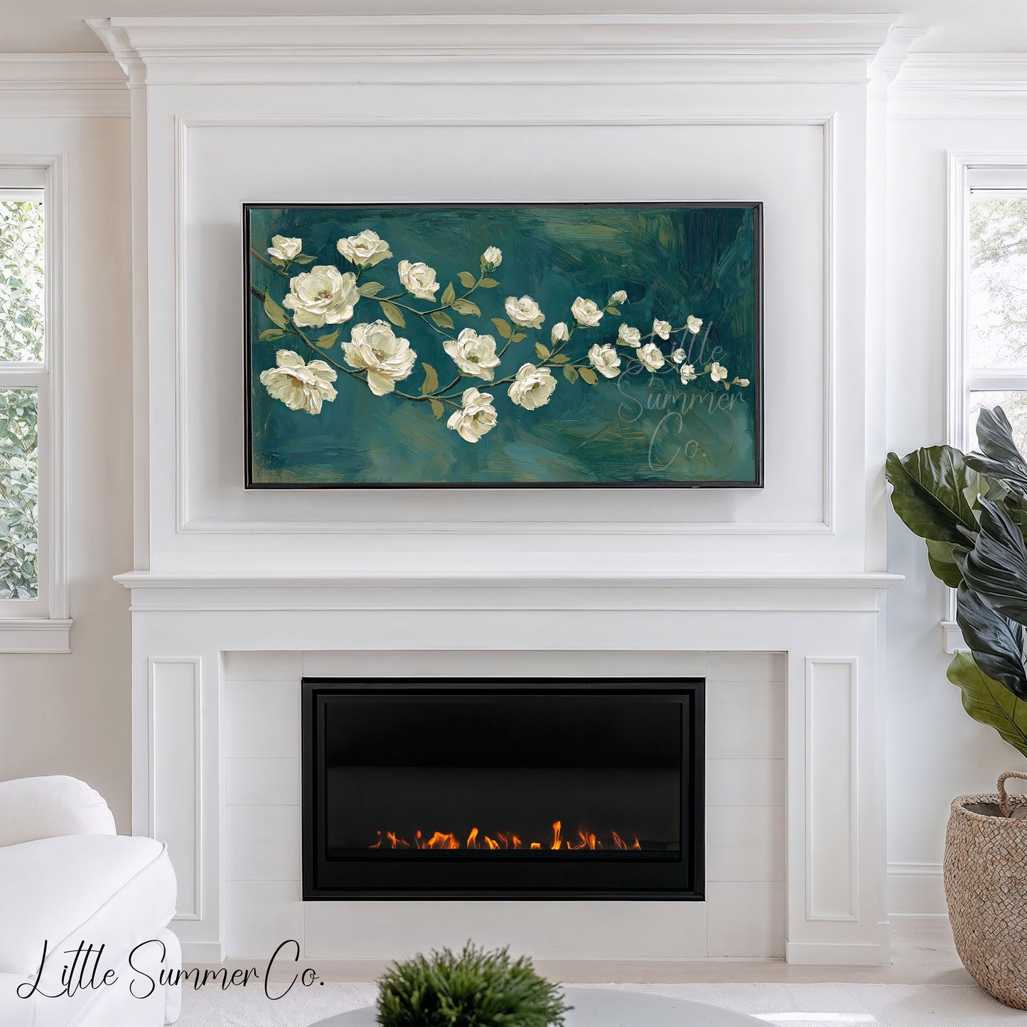 White Rose Branch Frame TV Art displayed on a TV