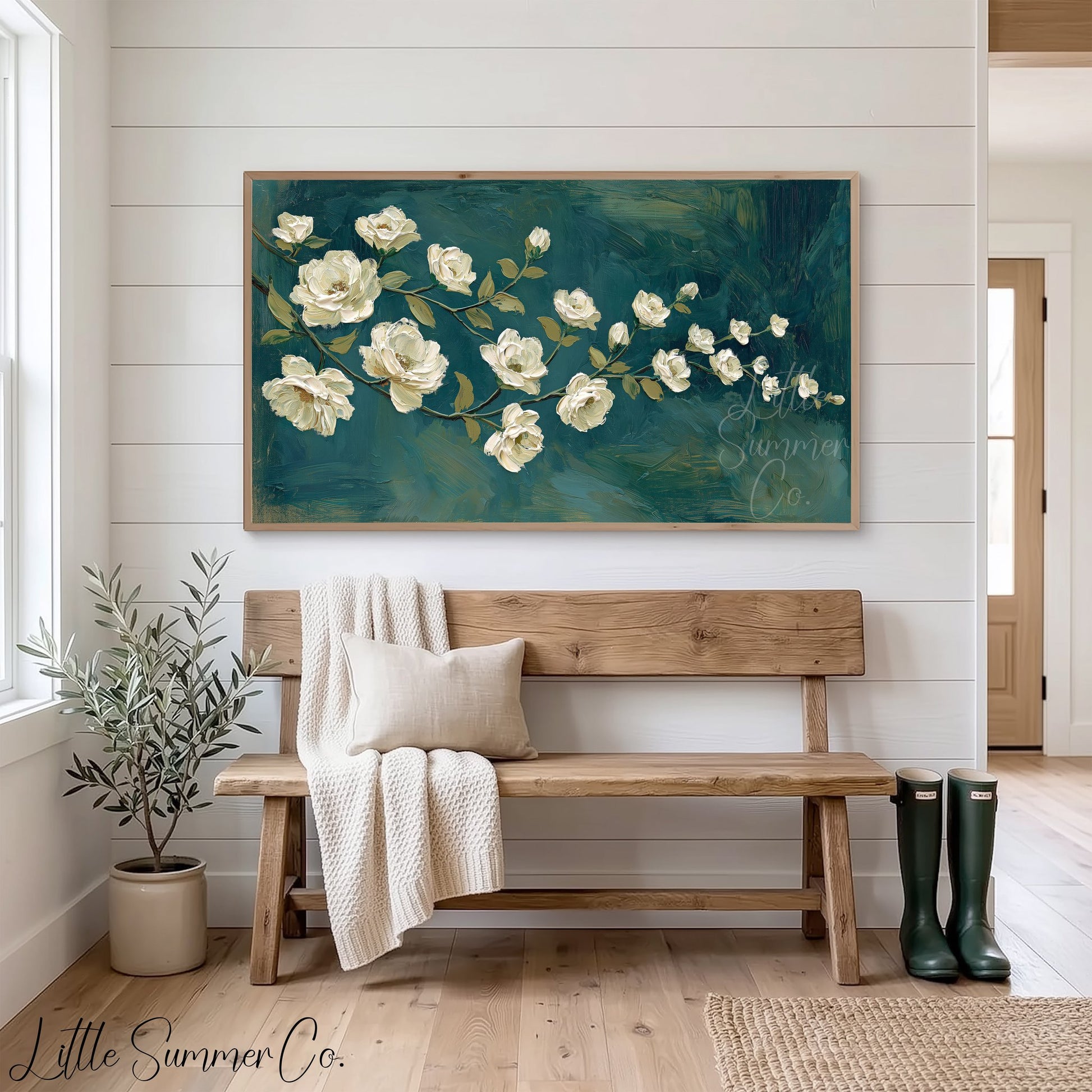 White Rose Branch Frame TV Art displayed on a TV