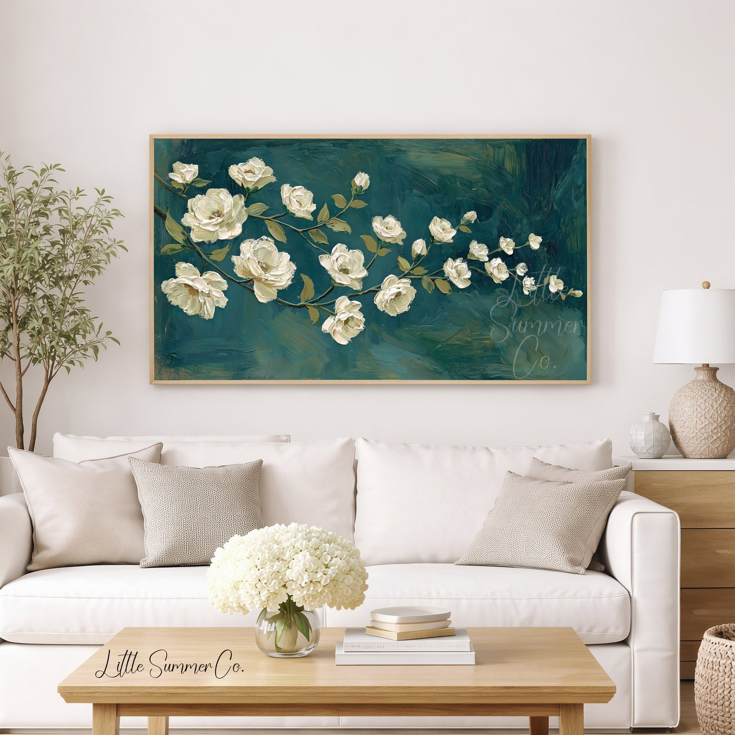 White Rose Branch Frame TV Art displayed on a TV
