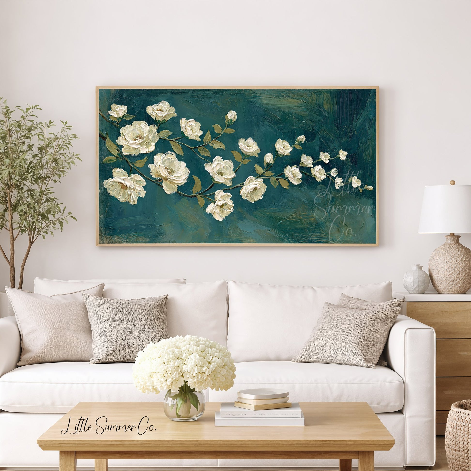 White Rose Branch Frame TV Art displayed on a TV