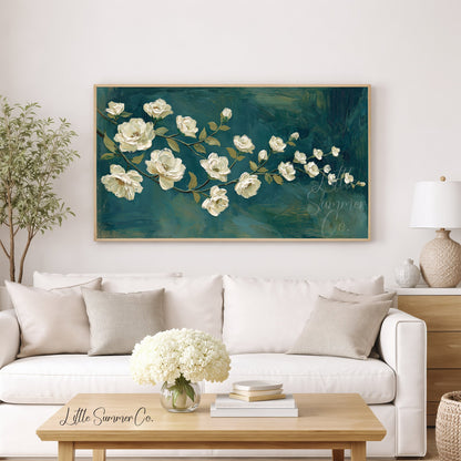 White Rose Branch Frame TV Art displayed on a TV