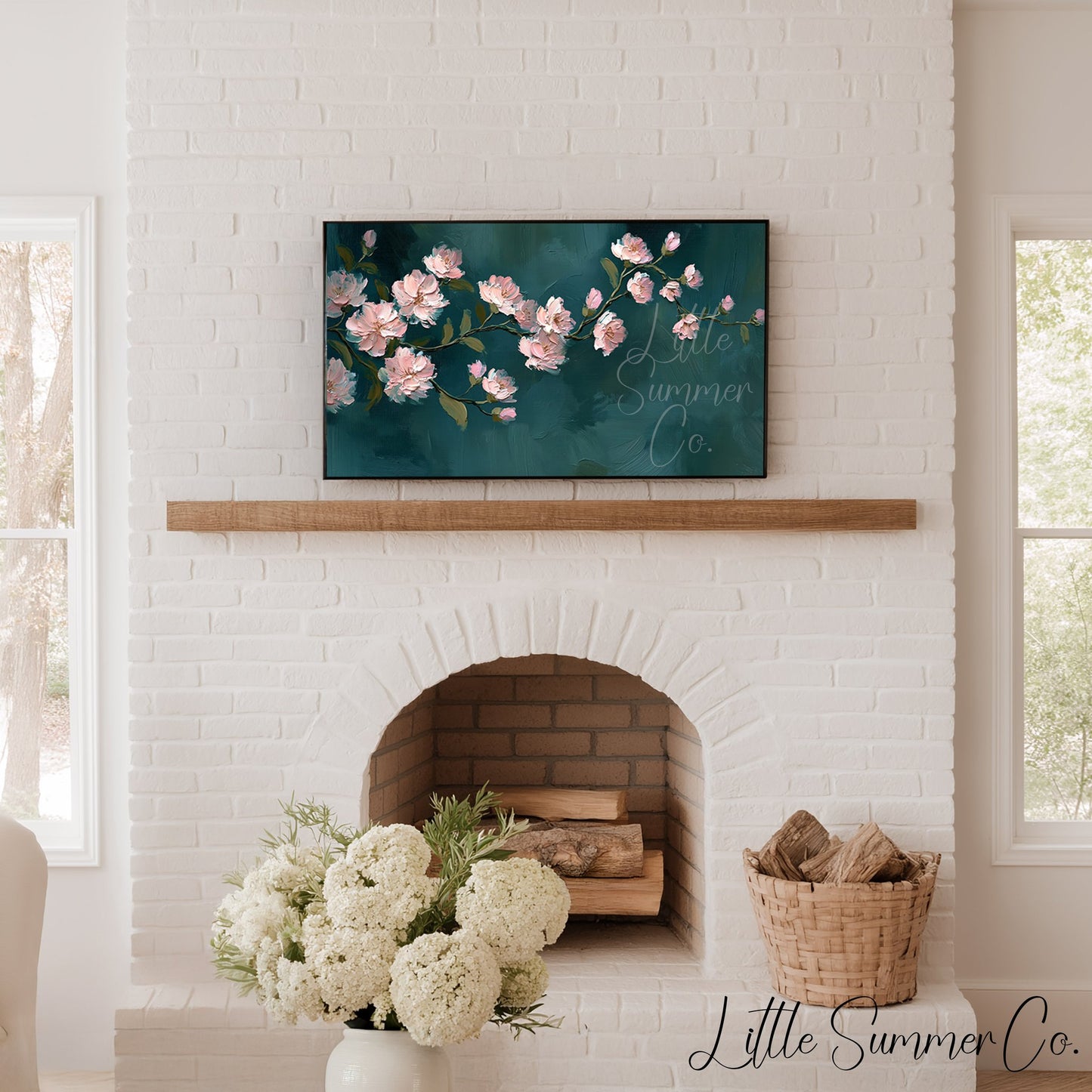 Pink Blossom Branch Frame TV Art displayed on a TV