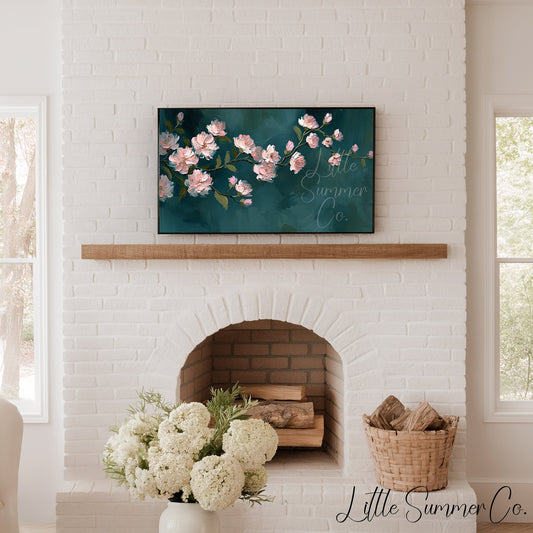 Pink Blossom Branch Frame TV Art displayed on a TV