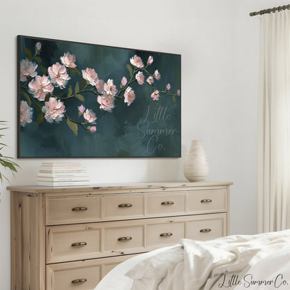 Pink Blossom Branch Frame TV Art displayed on a TV