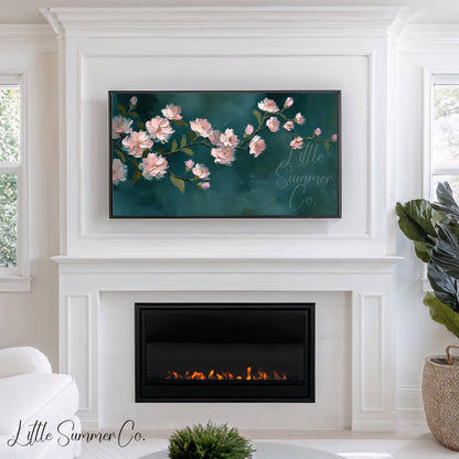 Pink Blossom Branch Frame TV Art displayed on a TV