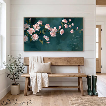 Pink Blossom Branch Frame TV Art displayed on a TV