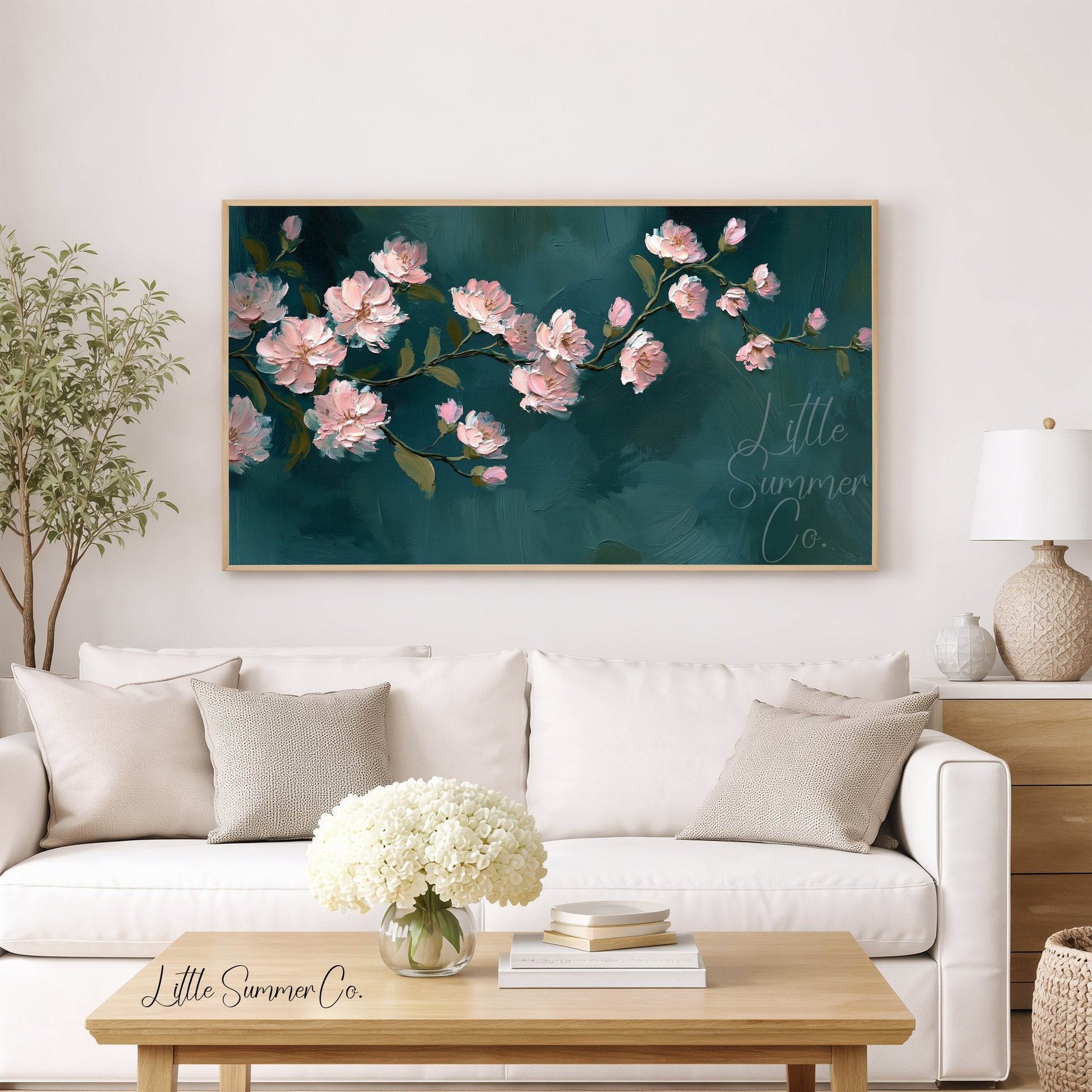 Pink Blossom Branch Frame TV Art displayed on a TV
